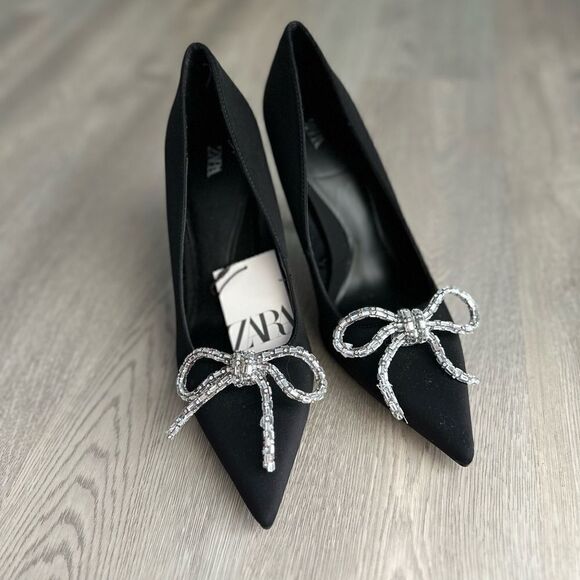 ZARA EMBELLISHED BOW HEELED SHOES BLACK - Picture 2 of 11